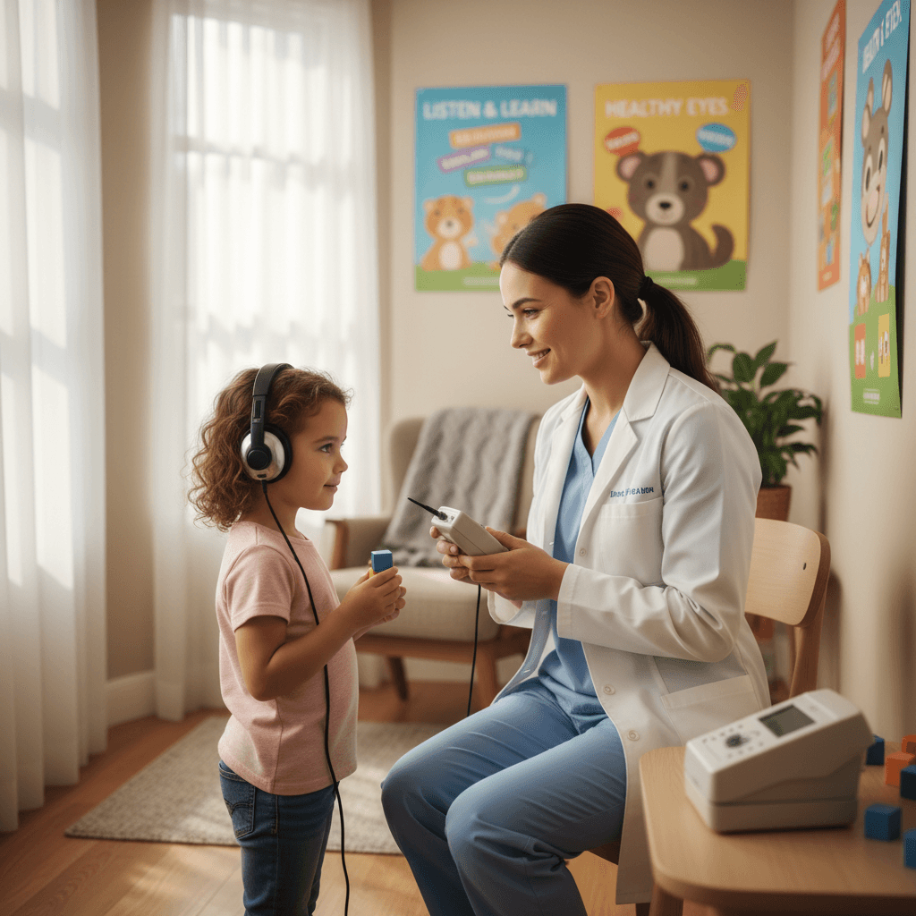 Healthcare worker providing medical assessment to child