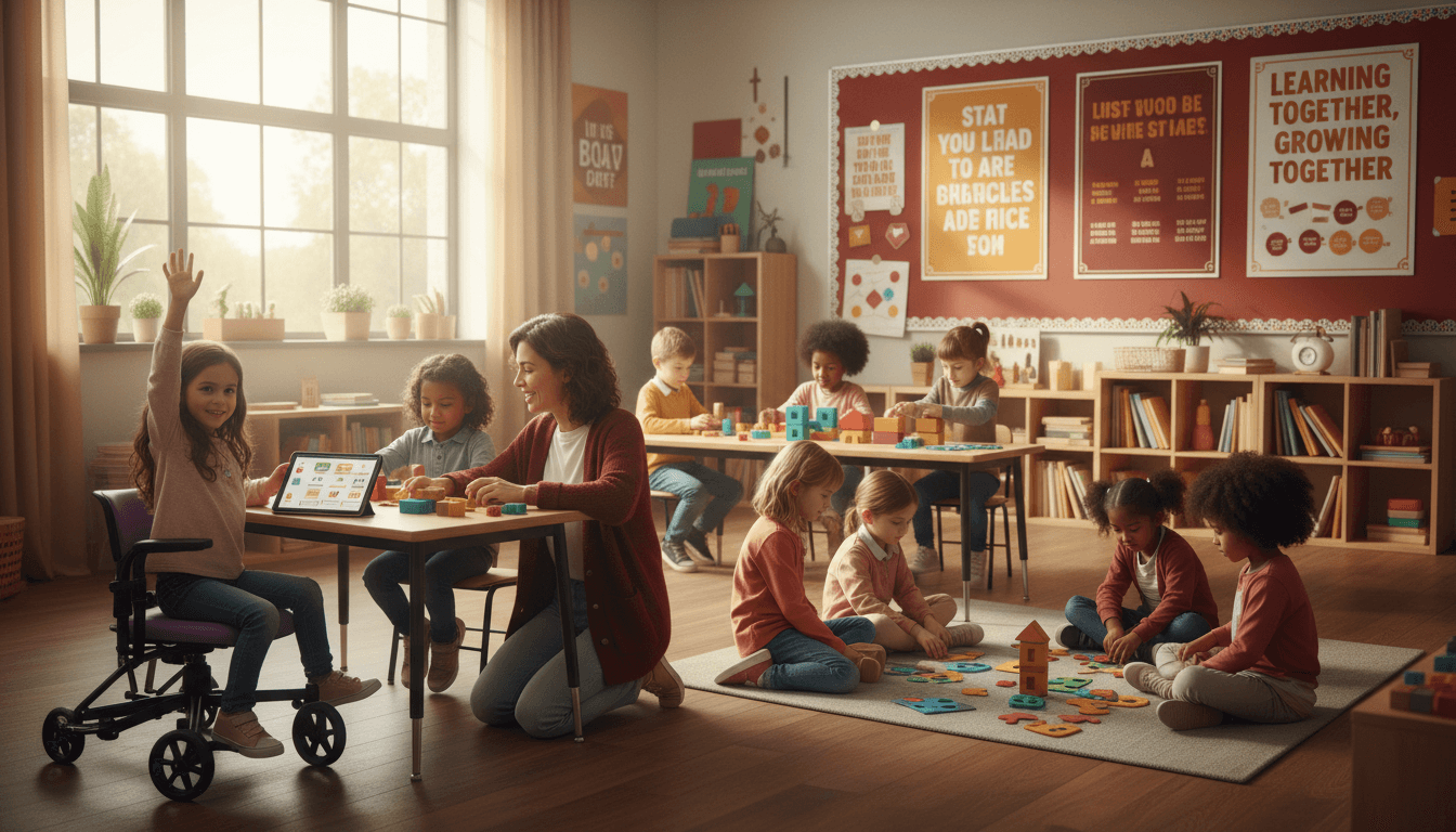 Children with diverse abilities learning together in a bright, inclusive classroom environment