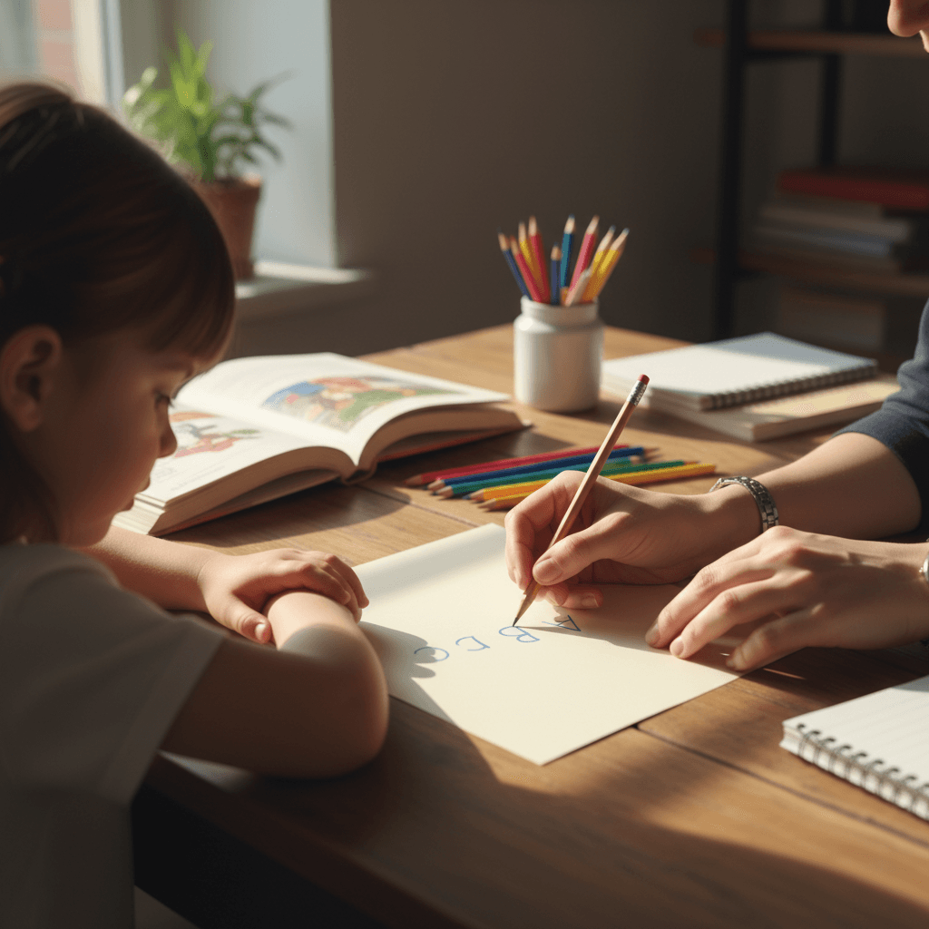 Child learning with tutor support at desk