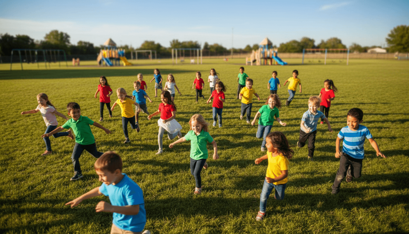 Diverse elementary school children playing tag game on sunny playground during recess, running with joy and energy