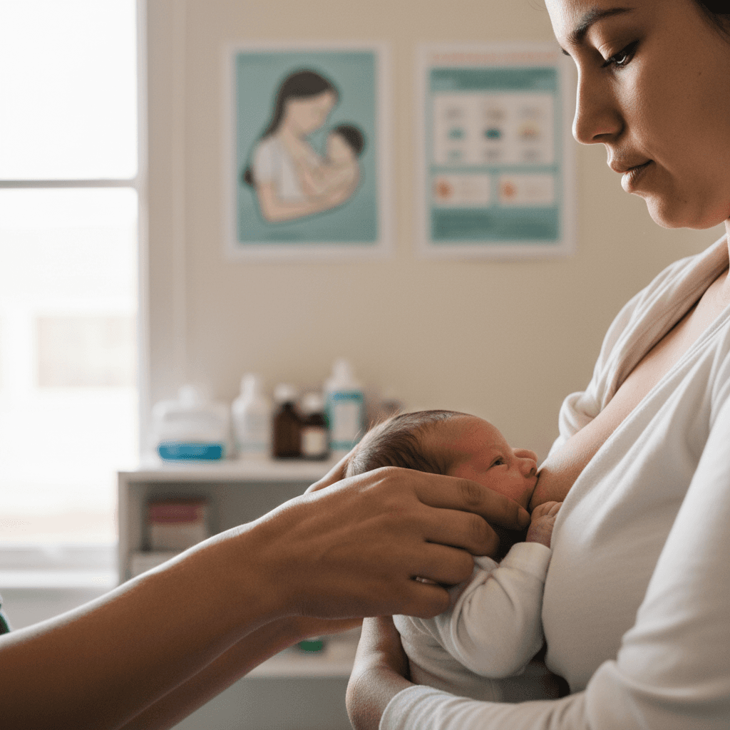 Health worker demonstrating breastfeeding technique to mother holding infant in community health center