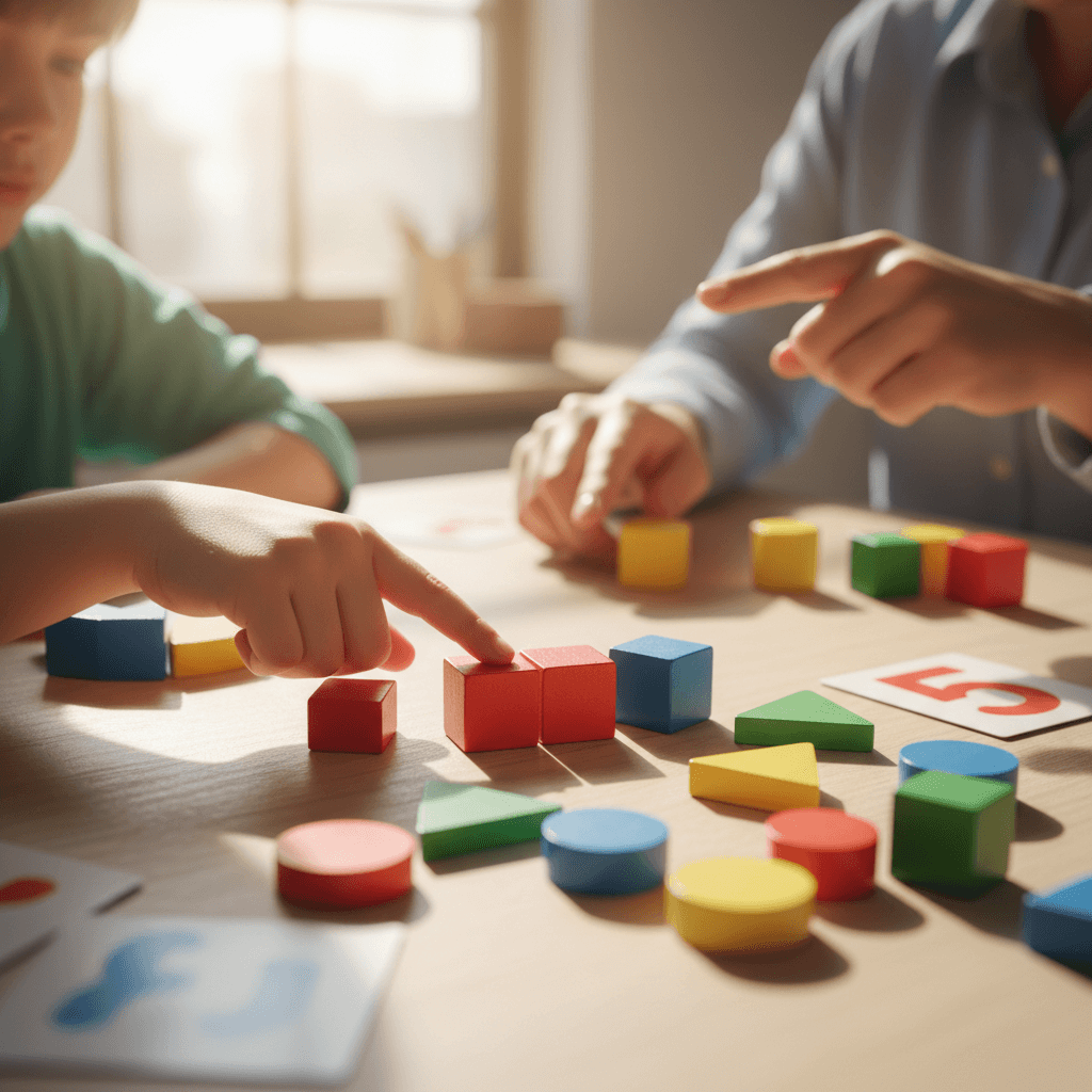 Teacher and child working together with colorful math learning materials