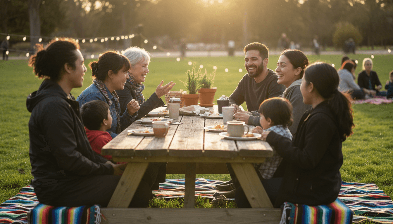 Group of diverse people gathered together in a warm community setting, smiling and engaged in conversation