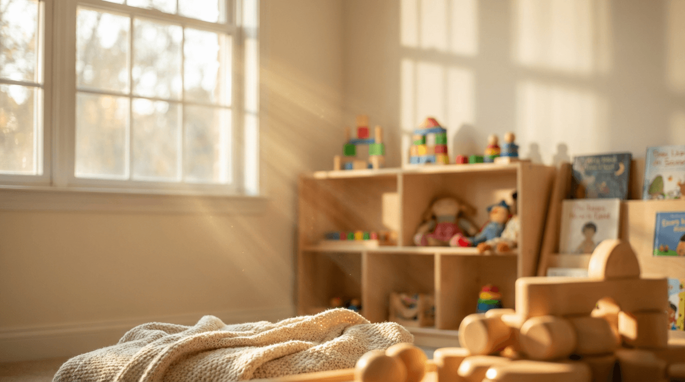 Child learning with educational support in a bright classroom setting