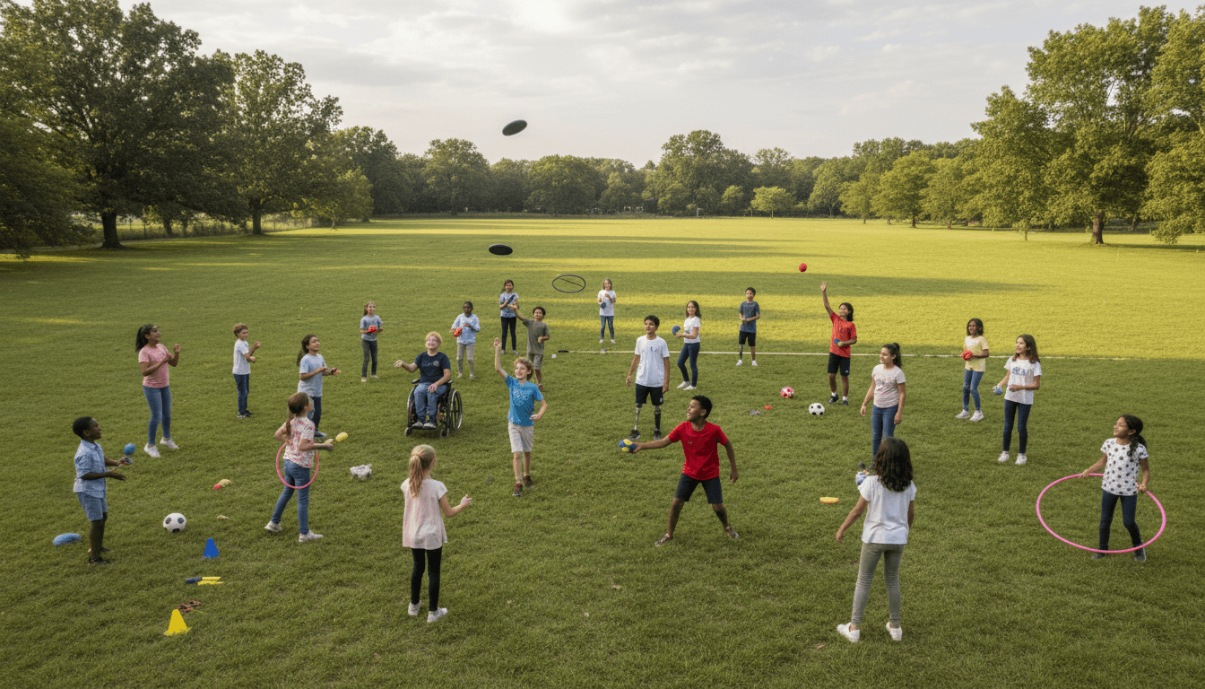 Children of diverse abilities playing and laughing together in an inclusive community setting