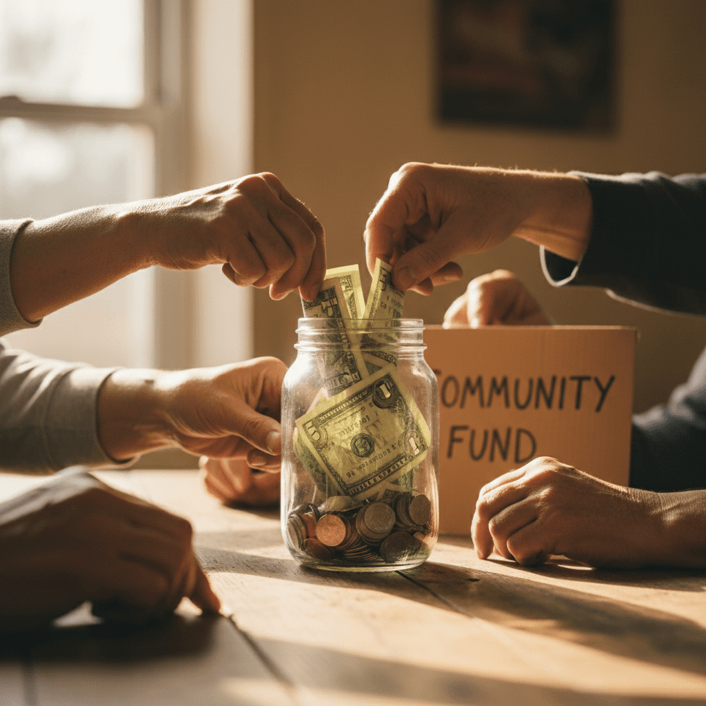 Diverse hands placing dollar bills into transparent jar on wooden table with natural window light